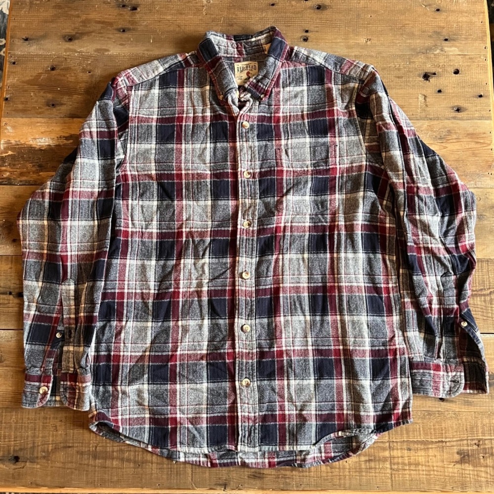 Redhead Brand Co Mens Plaid Flannel Button Grunge Shirt Red Navy Grey Large Vtg